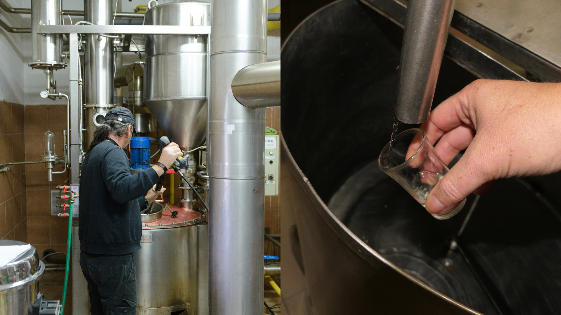 Pracovník v pálenici a naplnenie štamperlíku