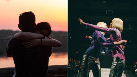 Objímajúci sa pár a ženy na pódiu sa objímajú