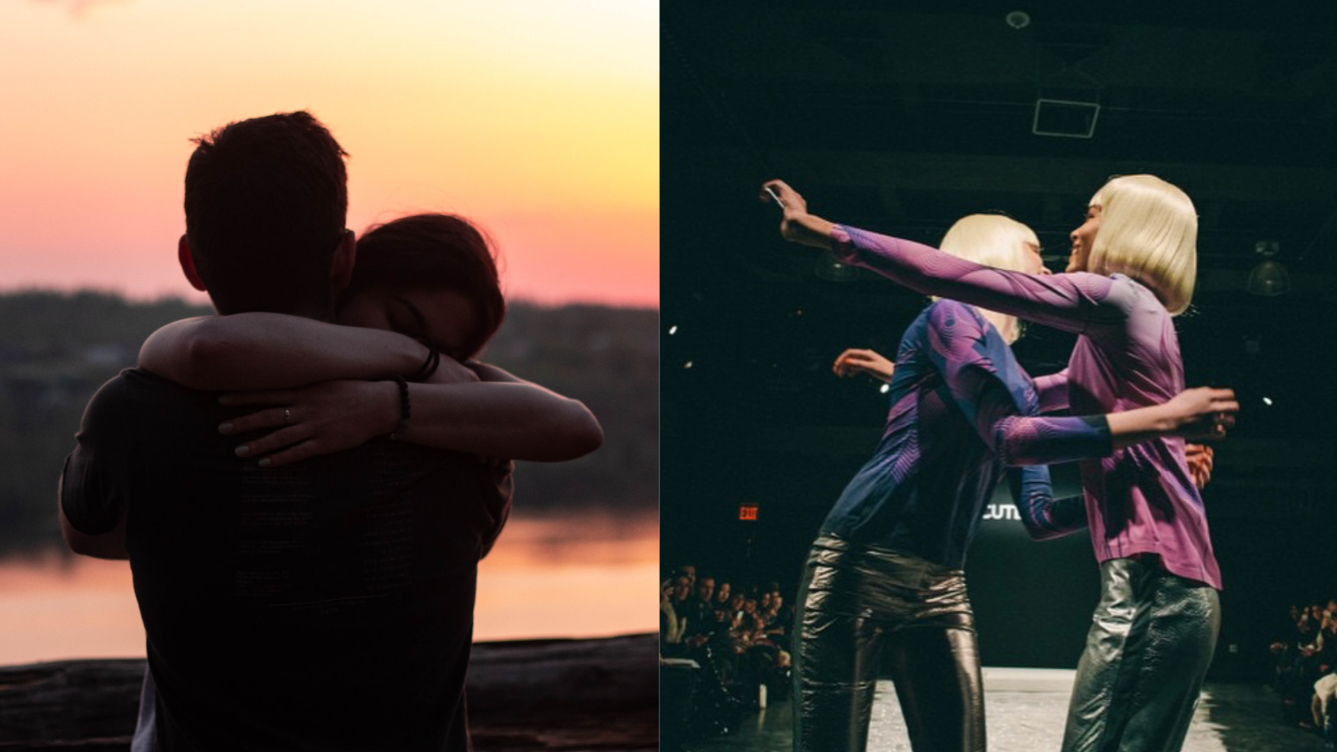 Objímajúci sa pár a ženy na pódiu sa objímajú