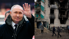 Vladimir Putin a ľudia v zničenom ukrajinskom meste