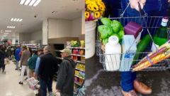 Ľudia v rade v potravinách a nákupný košík