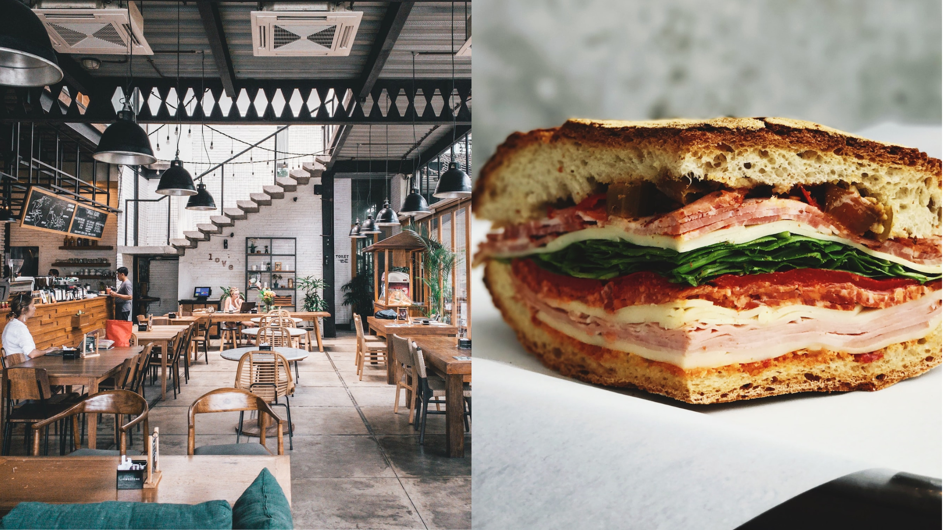 Ľudia v reštaurácii a sendvič