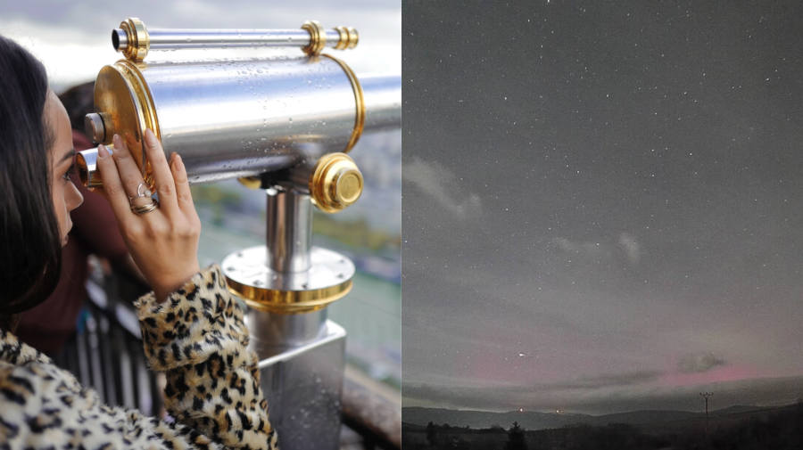 Žena hľadiaca do teleskopu a polarna žiara