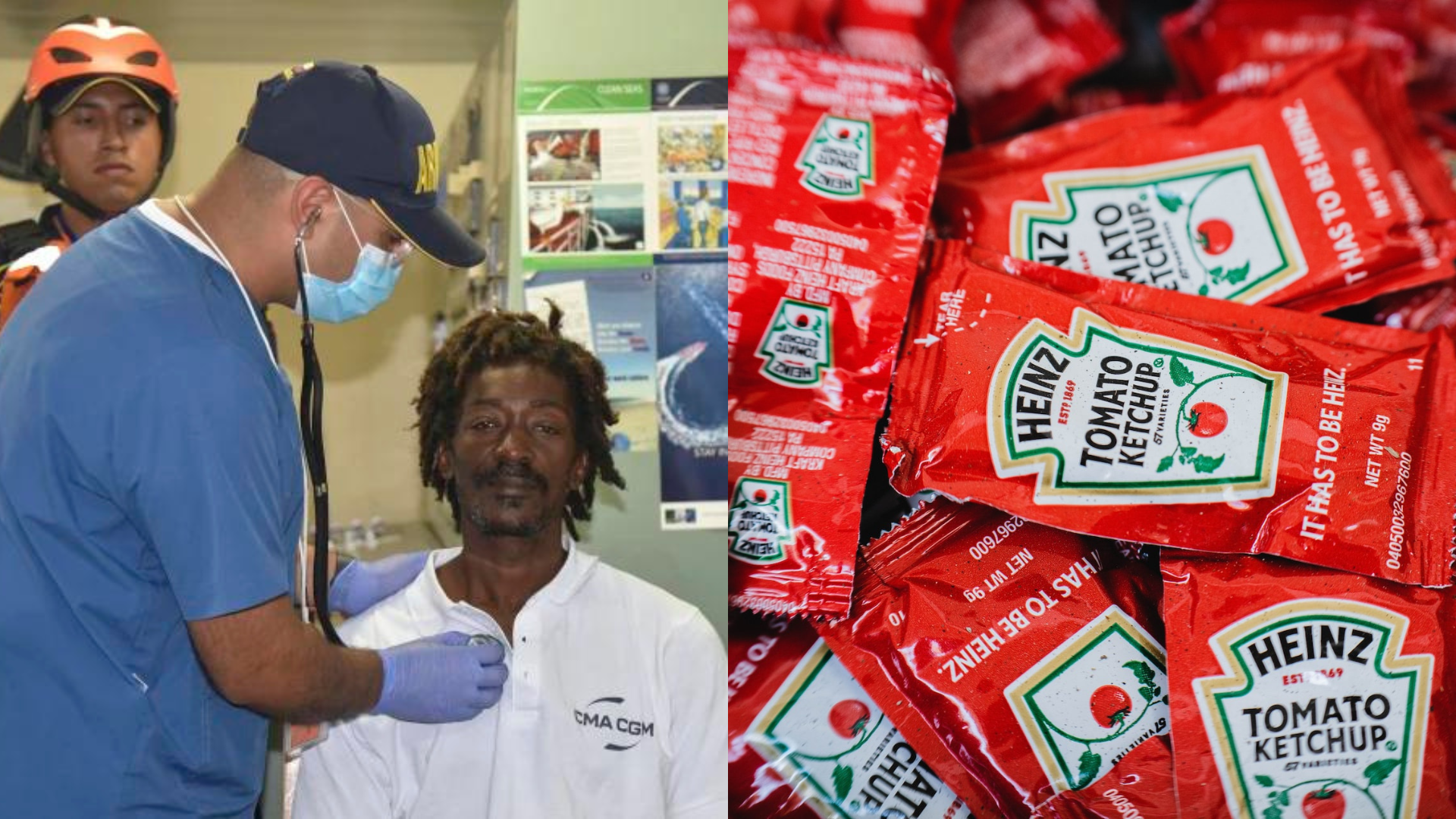 Zachránený muž pri vyšetrení a kečup Heinz