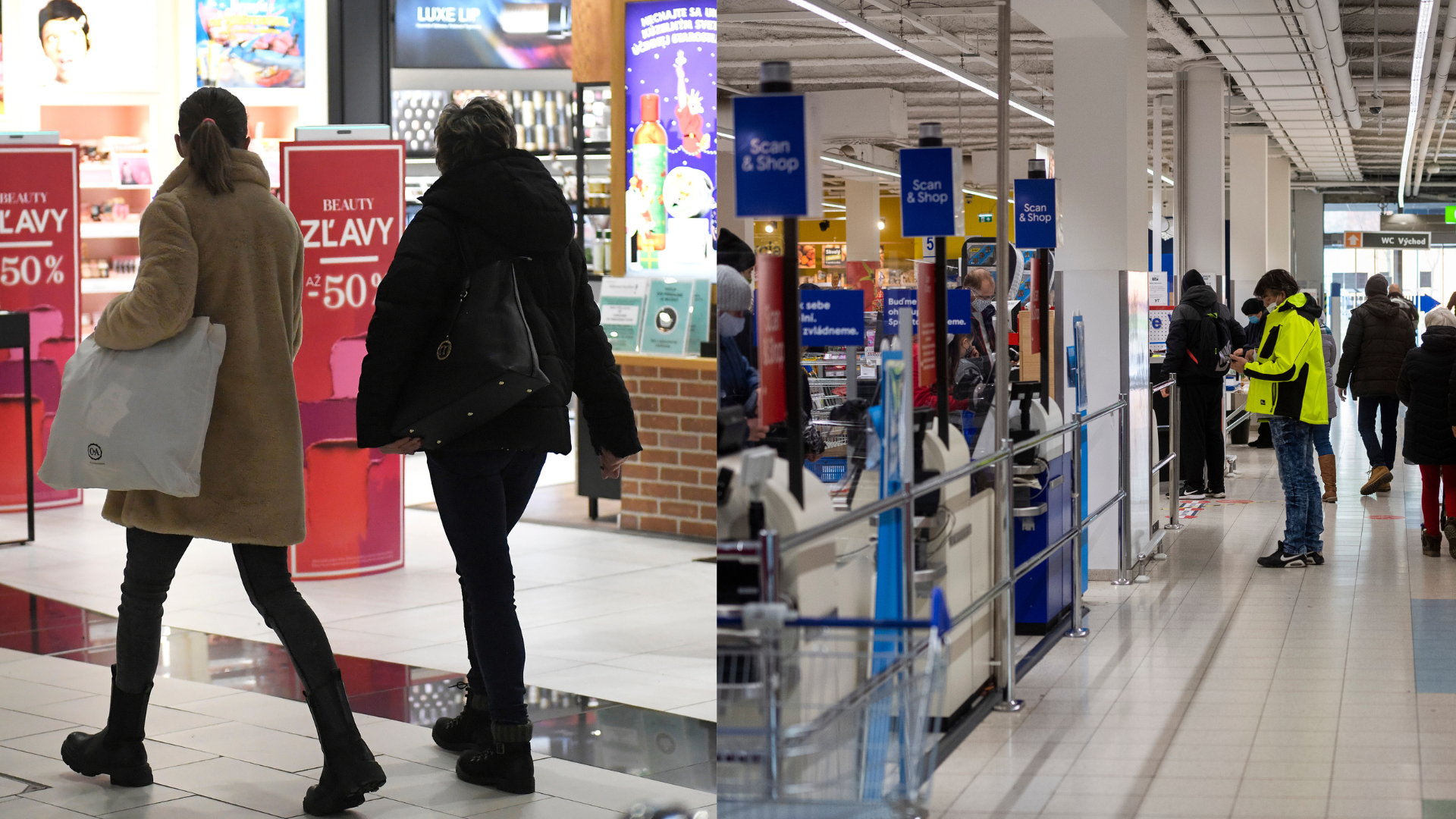 Ženy v obchodnom centre a zákazníci v Tesco
