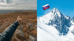 Človek na túre ukazuje palec hore. Pohľad na slovenské Vysoké Tatry, Lomnický štít