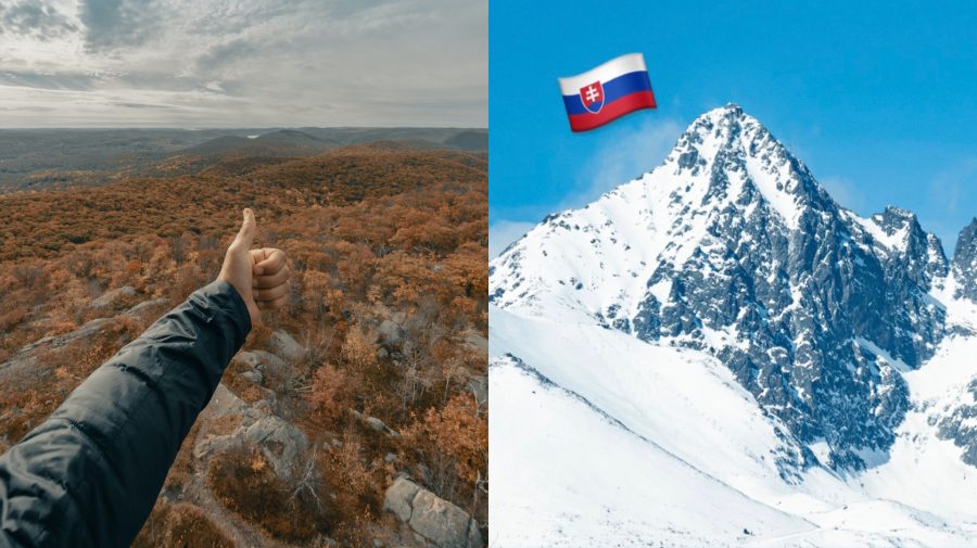 Človek na túre ukazuje palec hore. Pohľad na slovenské Vysoké Tatry, Lomnický štít