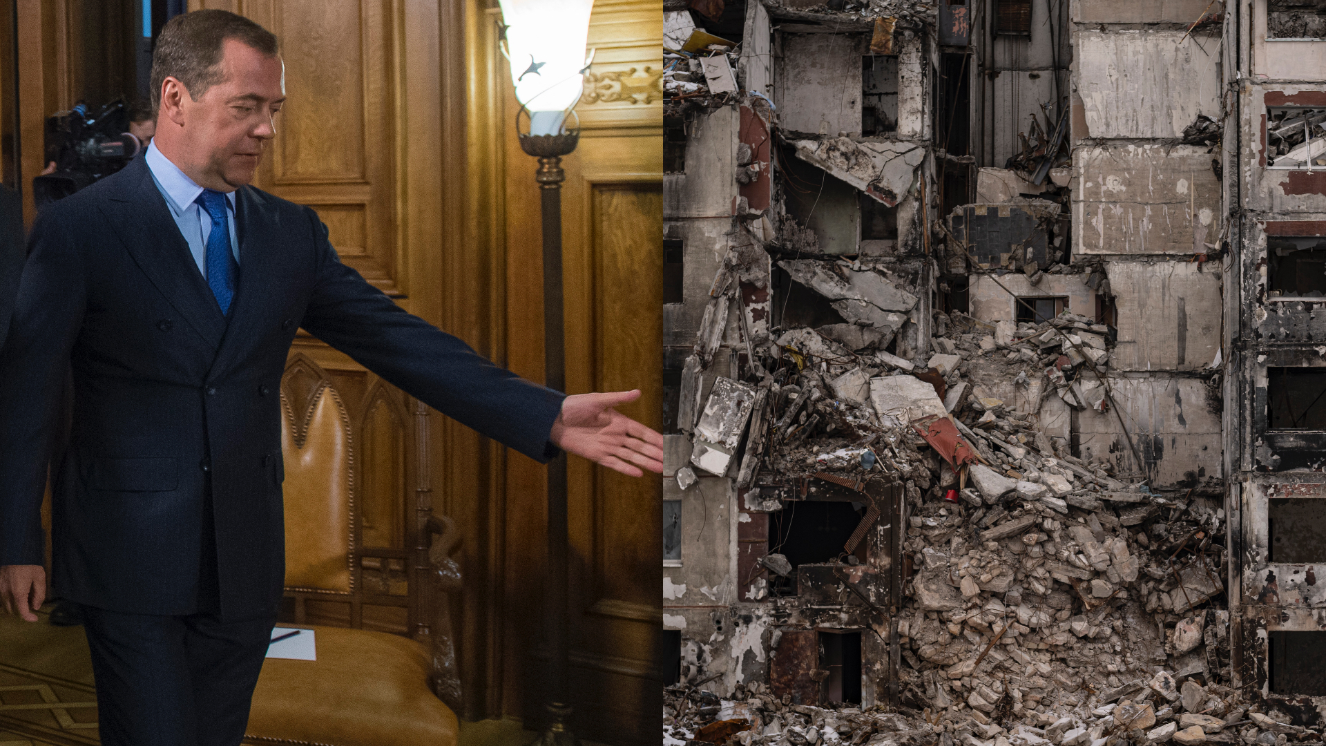 Bývalý predseda vlády a prezident Ruska Dmitrij Medvedev a vojnou rozbité mesto na Ukrajine Charkov.