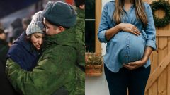 Ruský vojak a partnerka sa lúčia. Tehotná žena si drží brucho