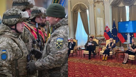 Generál Valerij Zalužnyj (vpravo), vrchný veliteľ ukrajinskej armády, sa rozpráva s ukrajinským vojakom počas spomienkového podujatia pri príležitosti prvého výročia ruskej invázie na Ukrajinu v Kyjeve v piatok. Diskusia odboru pre strategickú komunikáciu. Profesor Alexander Duleba, Juraj Rizman, Ľudmila Verbitska a Miroslava Sawaris. Zrkadlová sála, Úrad vlády SR.