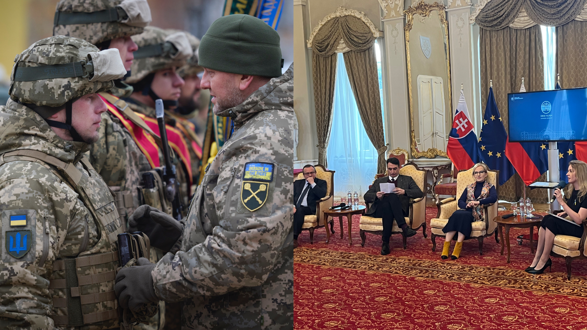 Generál Valerij Zalužnyj (vpravo), vrchný veliteľ ukrajinskej armády, sa rozpráva s ukrajinským vojakom počas spomienkového podujatia pri príležitosti prvého výročia ruskej invázie na Ukrajinu v Kyjeve v piatok. Diskusia odboru pre strategickú komunikáciu. Profesor Alexander Duleba, Juraj Rizman, Ľudmila Verbitska a Miroslava Sawaris. Zrkadlová sála, Úrad vlády SR.