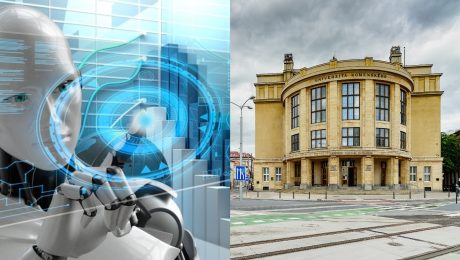 Robot, umelá inteligecia, znázornenie práce AI. Budova právnickej fakulty UK v BA