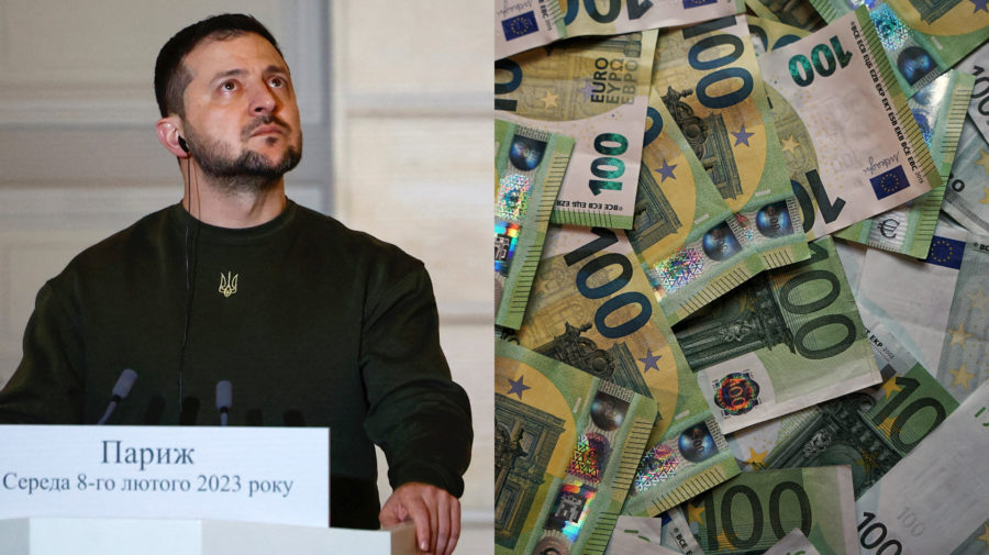 Prezident Ukrajiny Zelesnkyj a 100-eurové bankovky