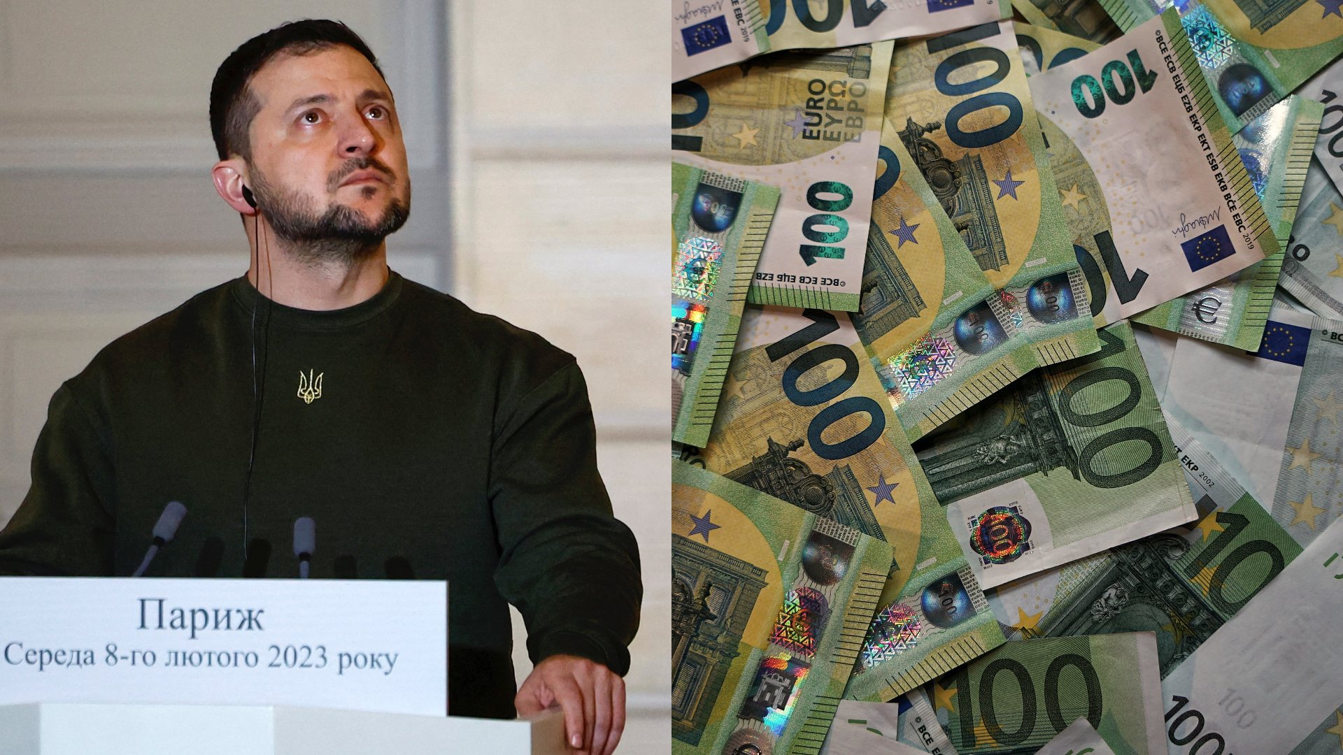 Prezident Ukrajiny Zelesnkyj a 100-eurové bankovky