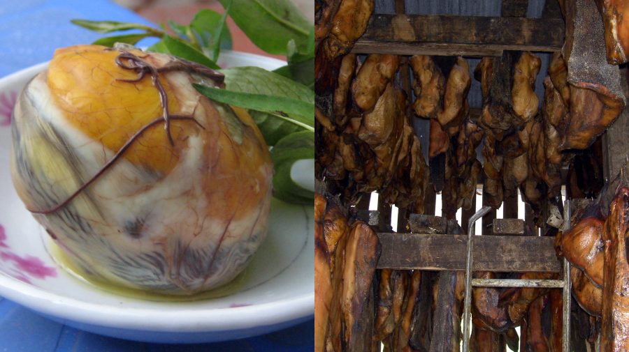 Filipínske varené vajce s embryom a sušené žraločie mäso hákarl