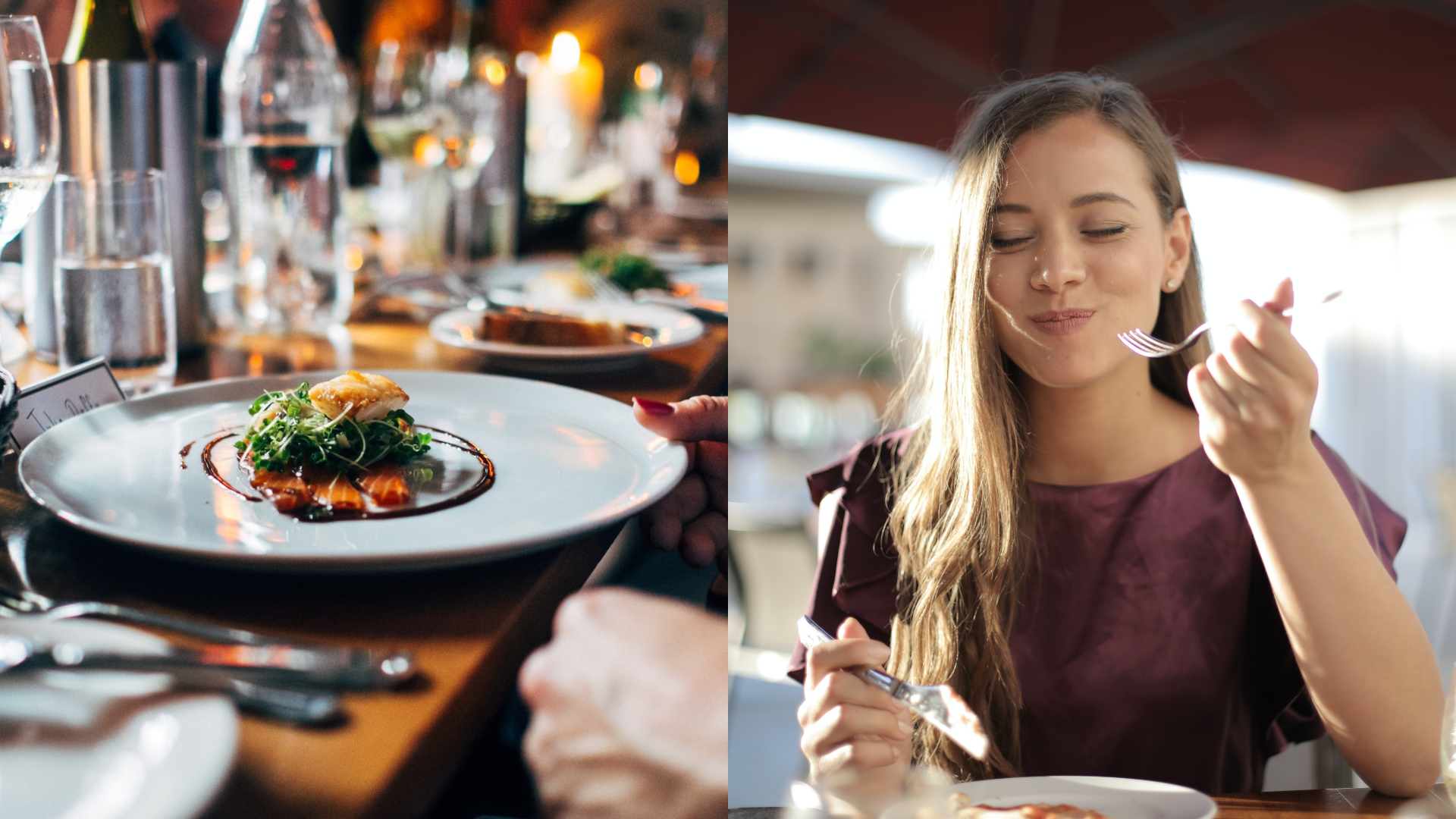 Jedlo na stole a žena, ktorá konzumuje jedlo