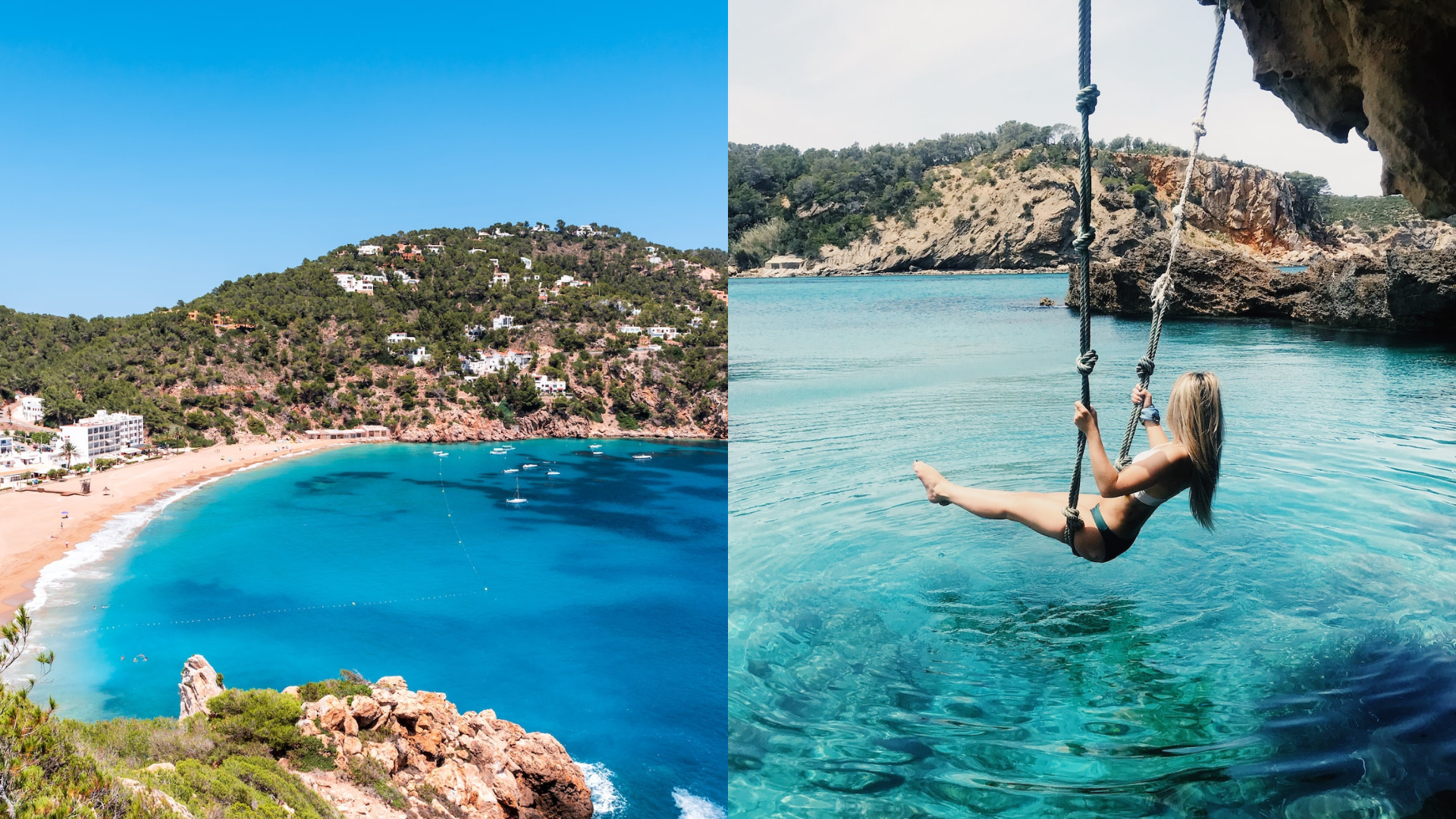 Pohľad na pláž na Ibize a žena na hojdačke