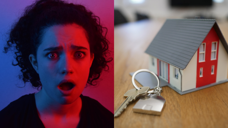 Žena s prekvapeným výrazom a dom s kľúčom