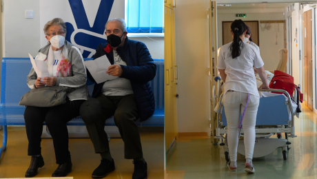 Seniori s rúškami v nemocnici a zdravotná sestra