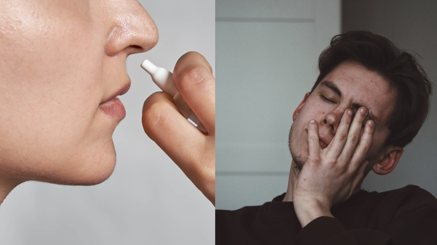 Nosový sprej a muž s bolesťou hlavy