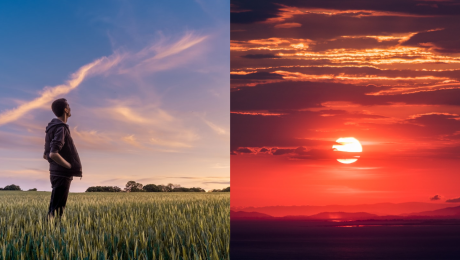 Muž hľadiaci na oblohu a západ slnka