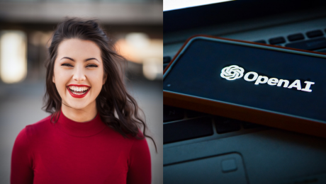 Žena sa smeje a aplikácia OpenAI