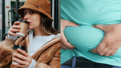 Dievča pije kávu a muž držiaci sa za brucho