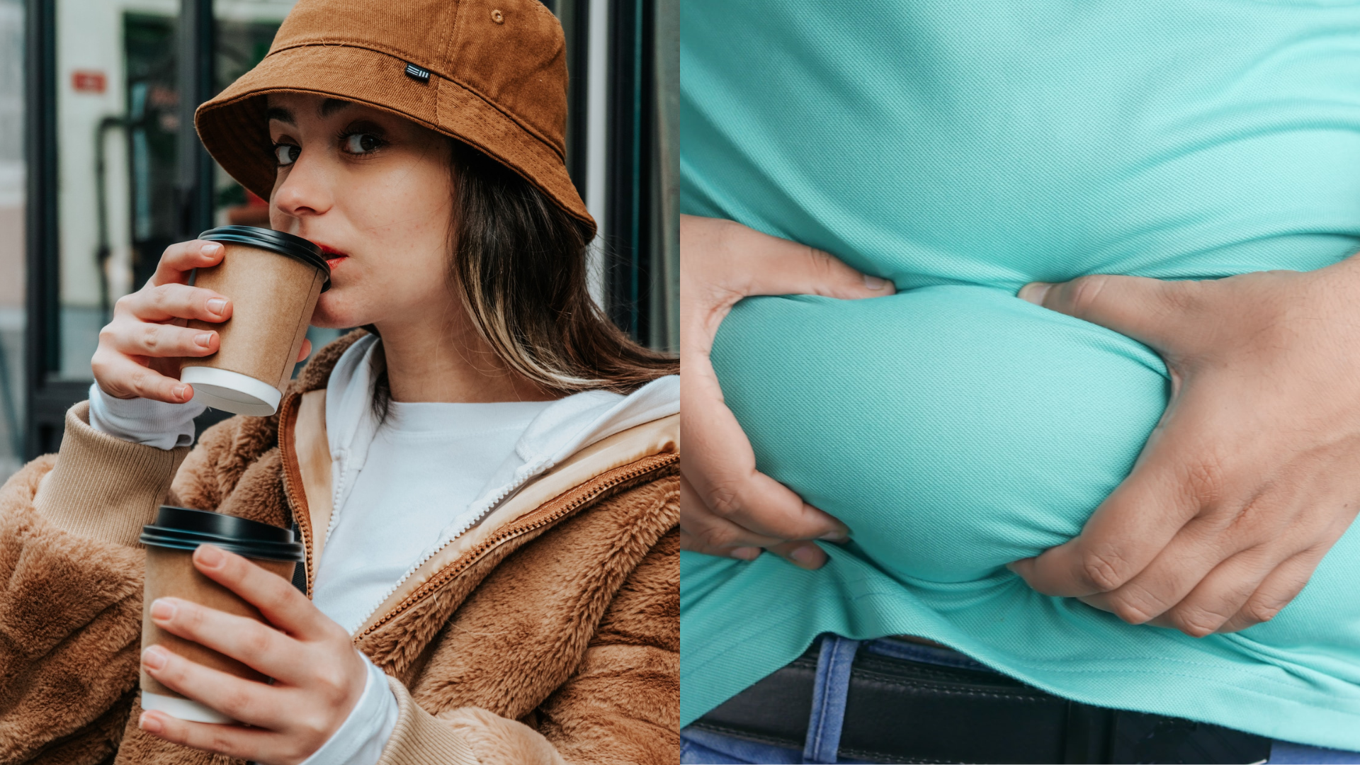 Dievča pije kávu a muž držiaci sa za brucho