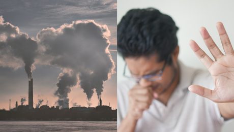 Fabriky znečisťujúce ovzdučie a muž s kašľom