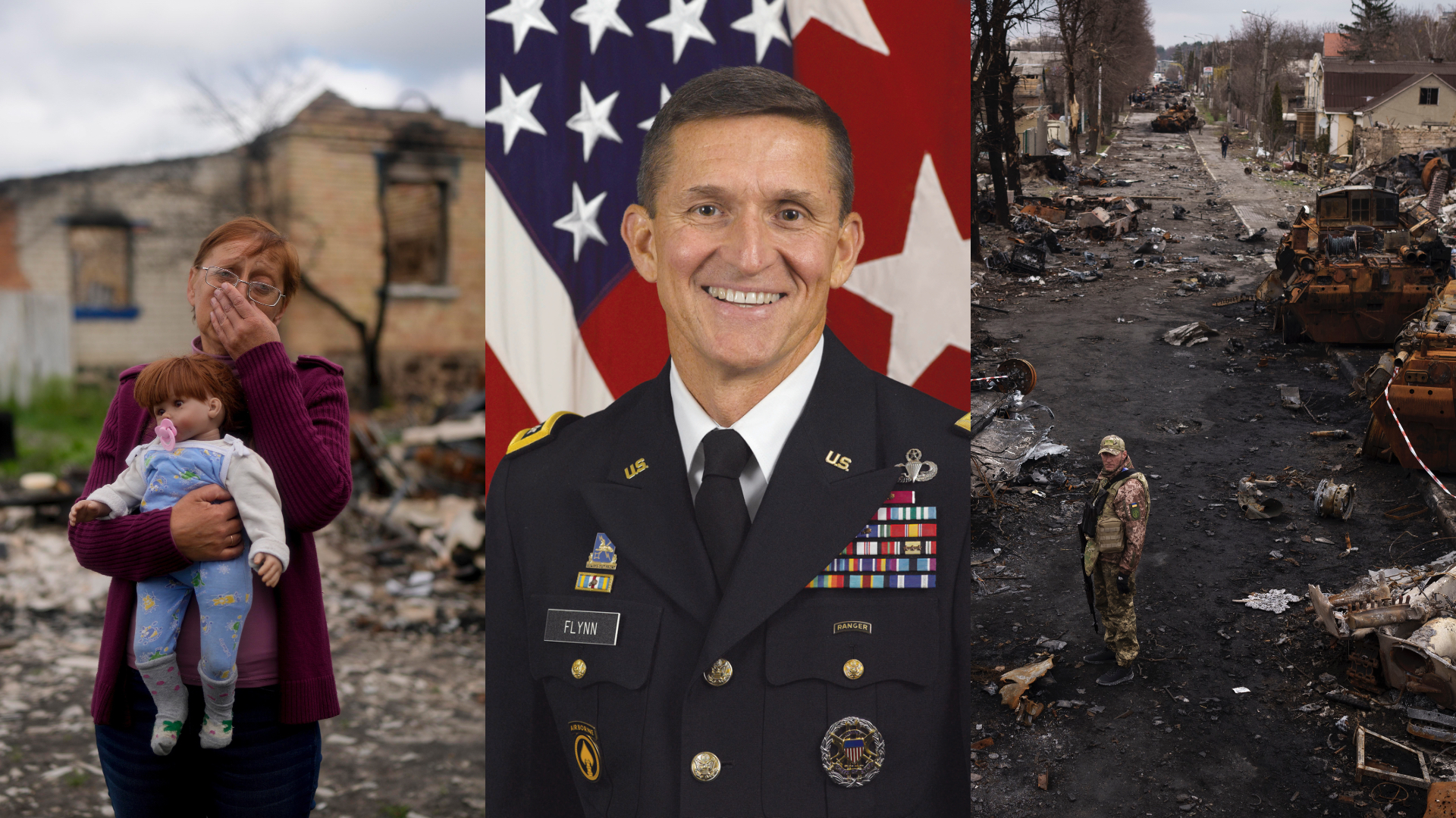Americký pravicový politik tvrdí, že vojna je výmysel a len ju hrajú. Ukrajinka stojí pred zničeným domom a s plačom drží dieťa. Vojak medzi zničenými a rozbitými tankmi