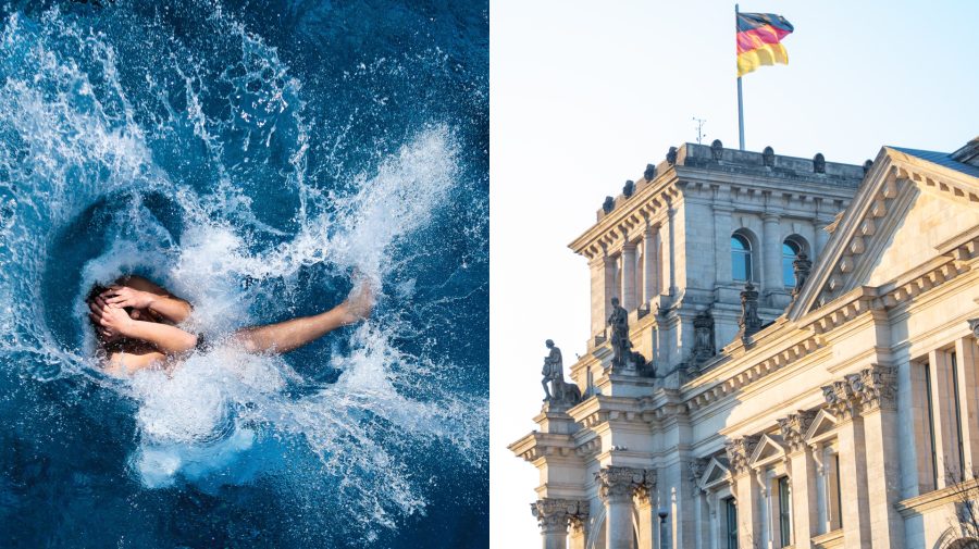 Žena sa kúpe v bazéne v Berlíne. Nemecká vláda v Berlíne.