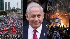 Protesty v Izraeli, davy ľudí v uliciach, premiér Netanjahu