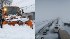 Počasie na Slovensku sa zmení. Prichádza sneh. Pluh odhŕňa kopy snehu a kalamita na diaľnici pod Tatrami. Kolóna áut, víchrica, sneh a zlé podmienky.