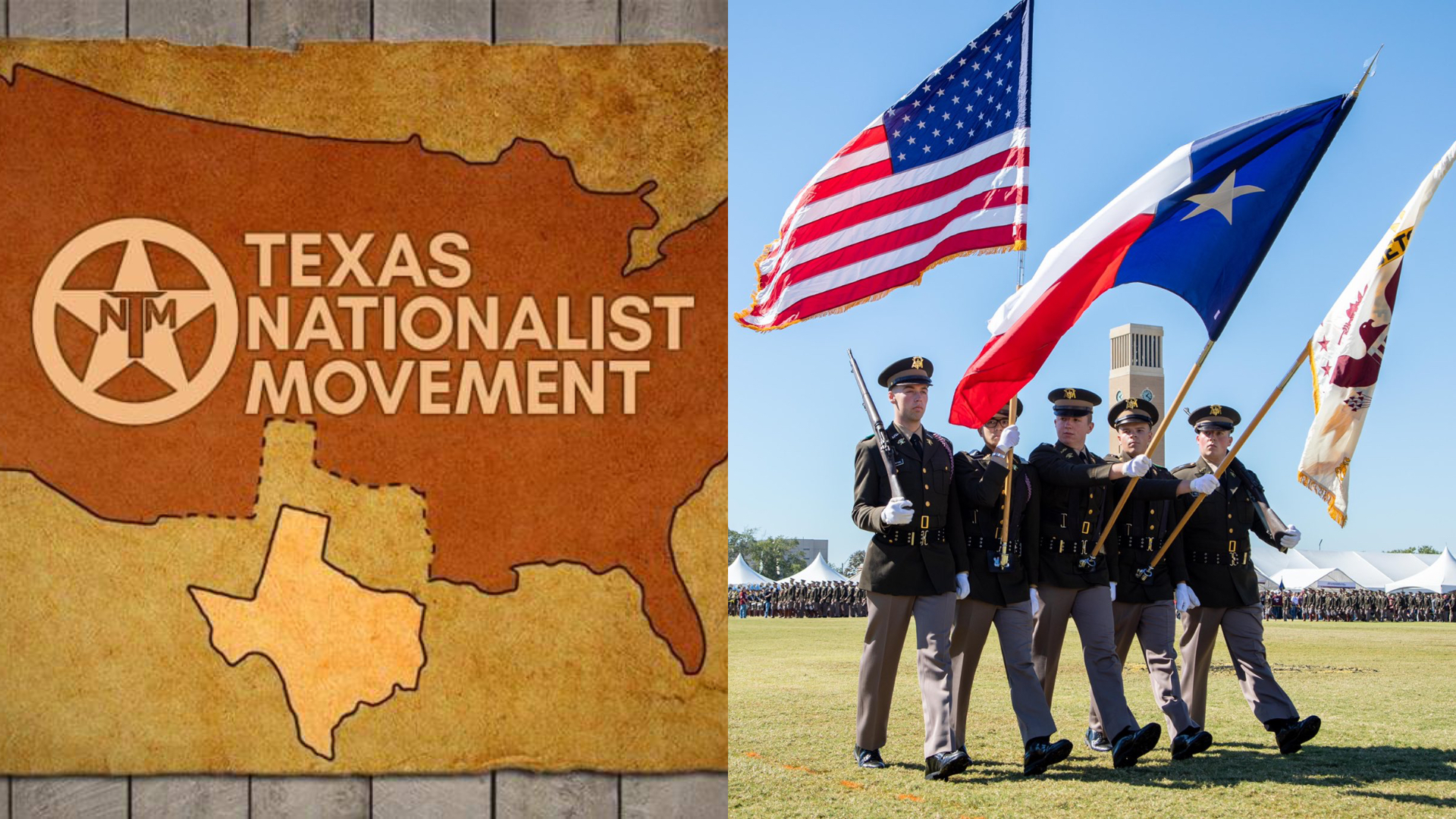 Mapa USA s oddeleným Texasom. Texas chce TEXIT. Snaží sa odčleniť sa od USA. Texaskí vojaci s vlajkami USA, Texasu a kadetov