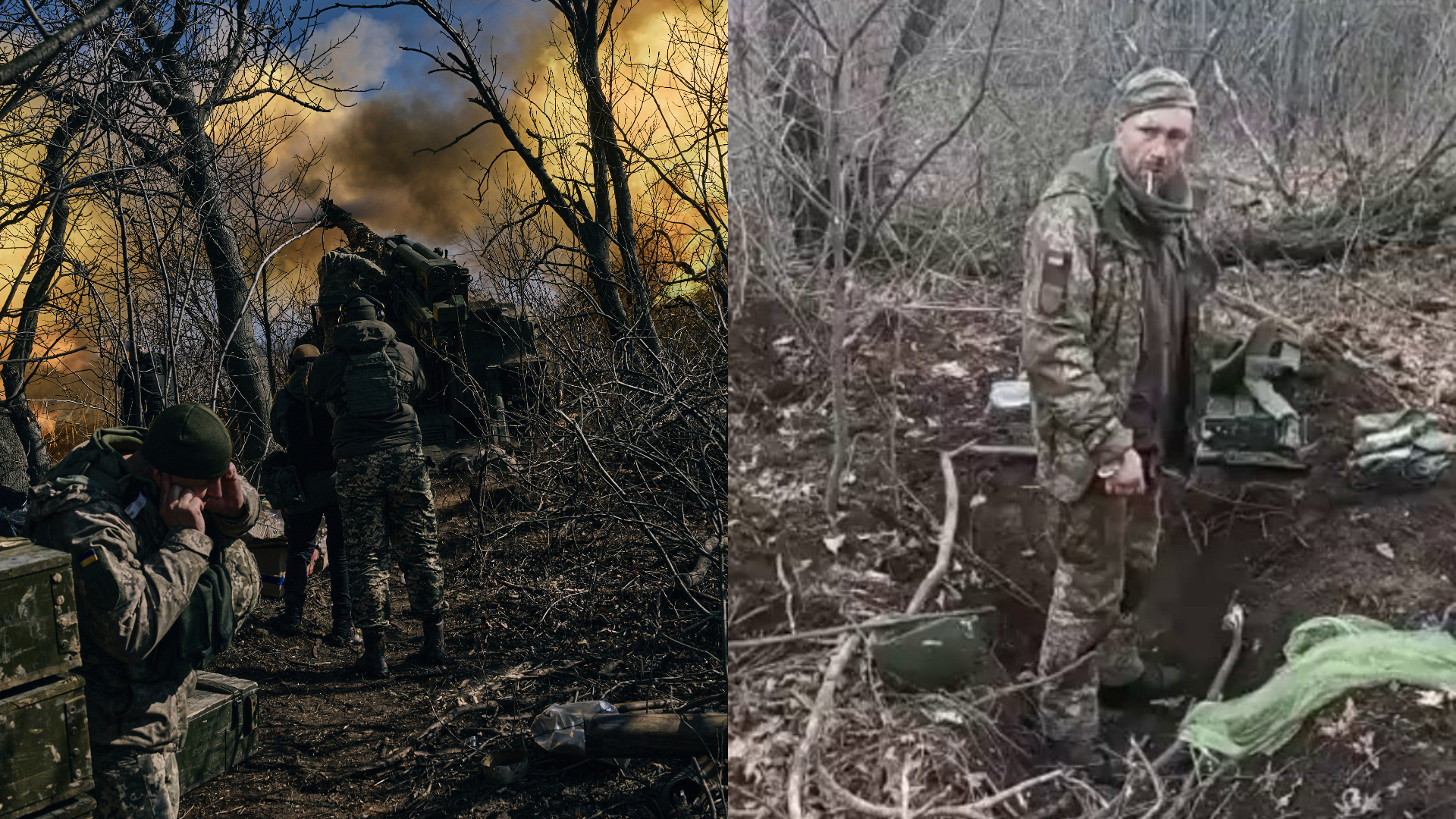 Ukrajinskí vojaci bojujú v prvej línii. Bojovník si zapcháva uši. Ukrajinský vojak, ktorého zadržali Rusi a neskôr ho zavraždili. Povedal „Sláva Ukrajine“.