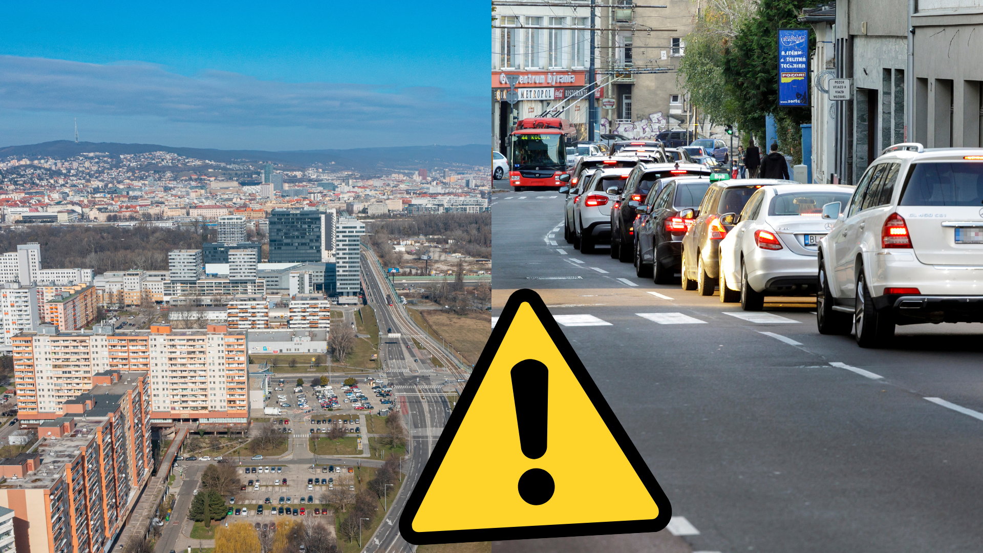 Pohľad na mestskú časť Petržalka v Bratislave a autá na ceste