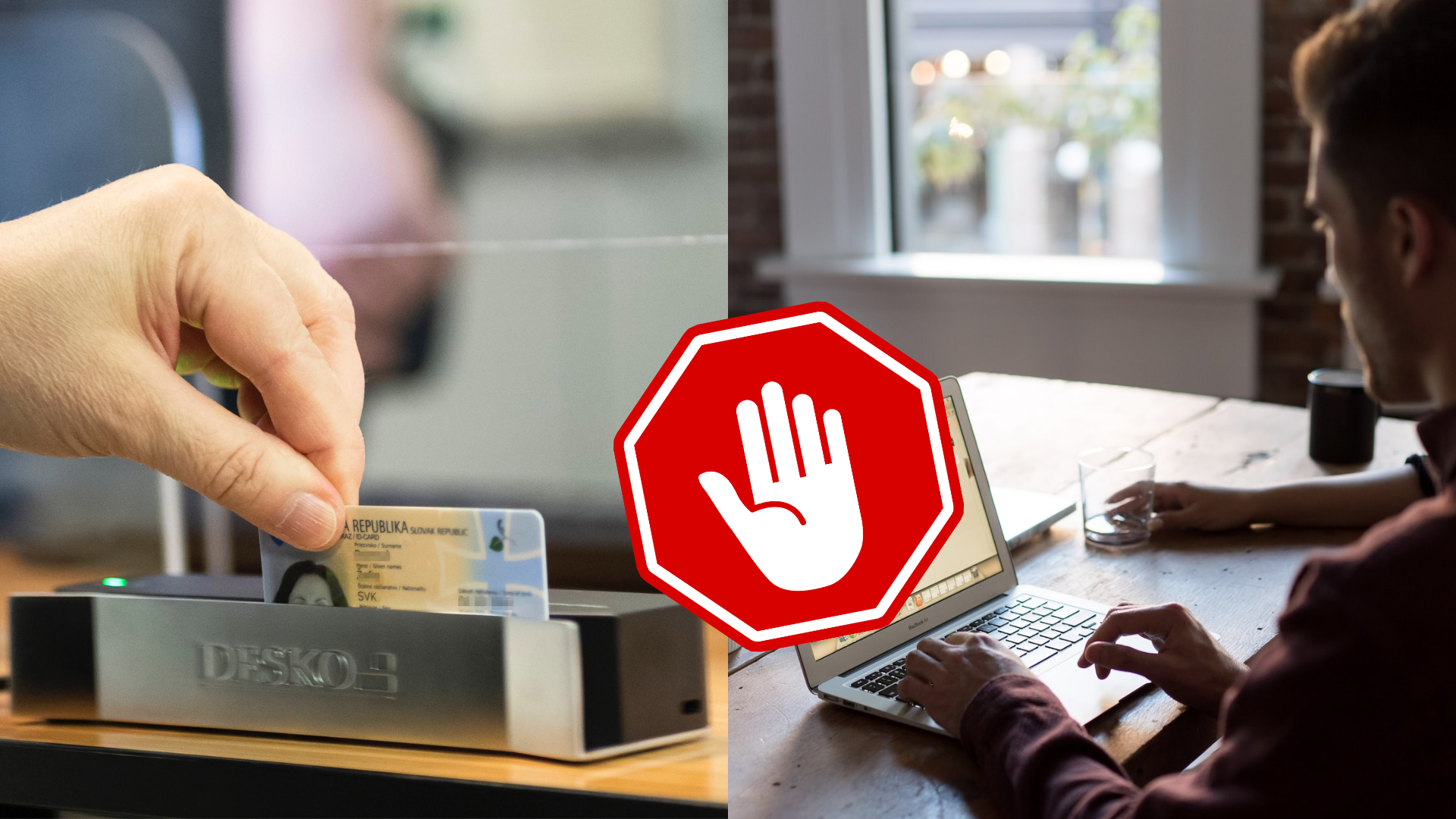 Čítačka občianskeho preukazu a muž za počítačom