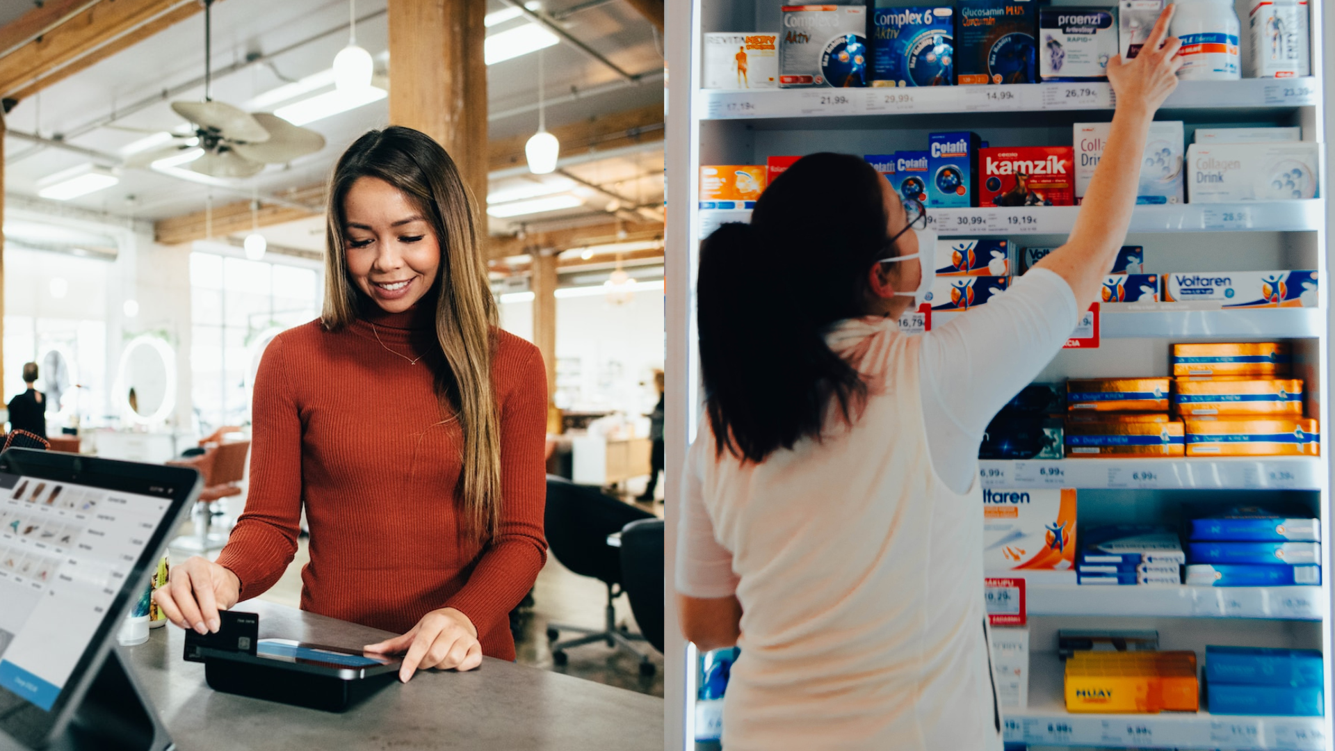 Zákazníčka pri pokladni a pracovníčka v lekárni