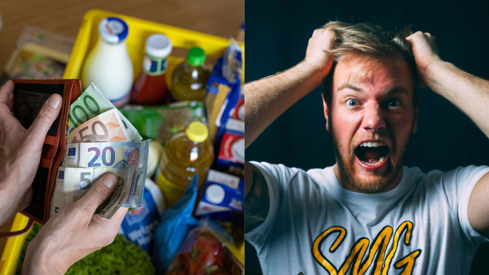 Potraviny v košíku, peniaze a nahnevaný muž