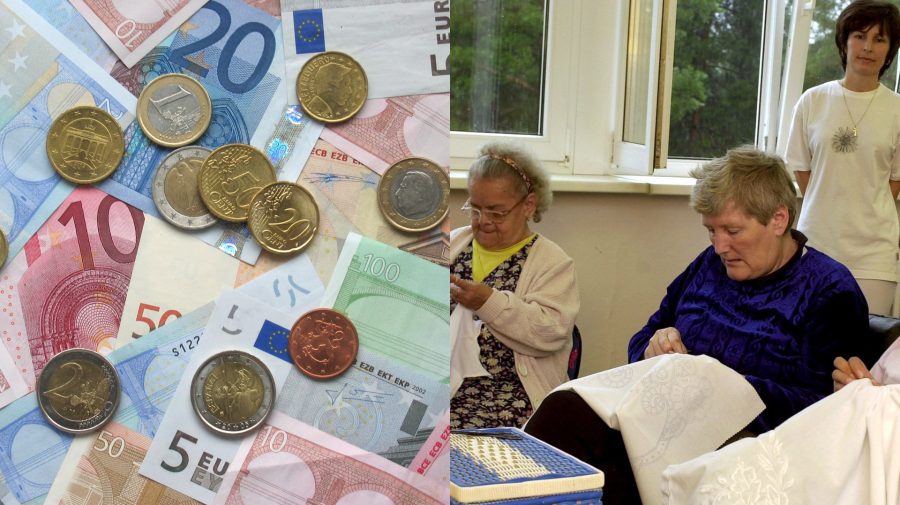 Peniaze, eurá, bankovky a mince a dôchodci, ktorí vyšívajú
