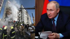 Ukrajina, zničená budova vo vojne na Ukrajina a ruský prezident Vladimir Putin