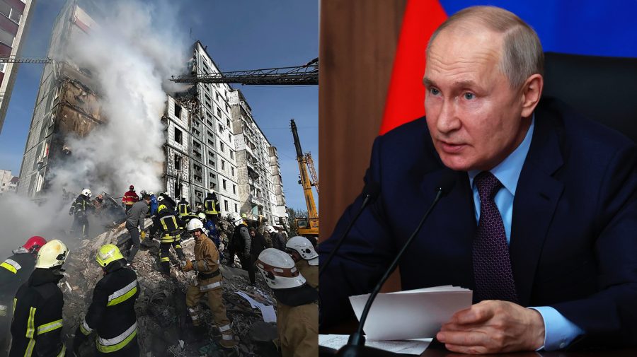 Ukrajina, zničená budova vo vojne na Ukrajina a ruský prezident Vladimir Putin