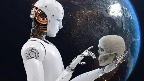 AI, robot drží lebku