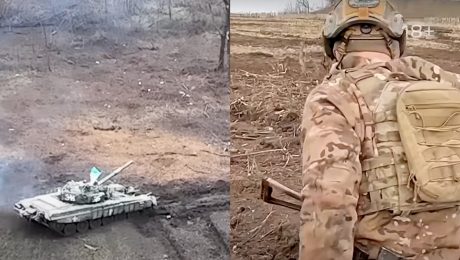 Ukrajinský tank a vojak pri zákopoch