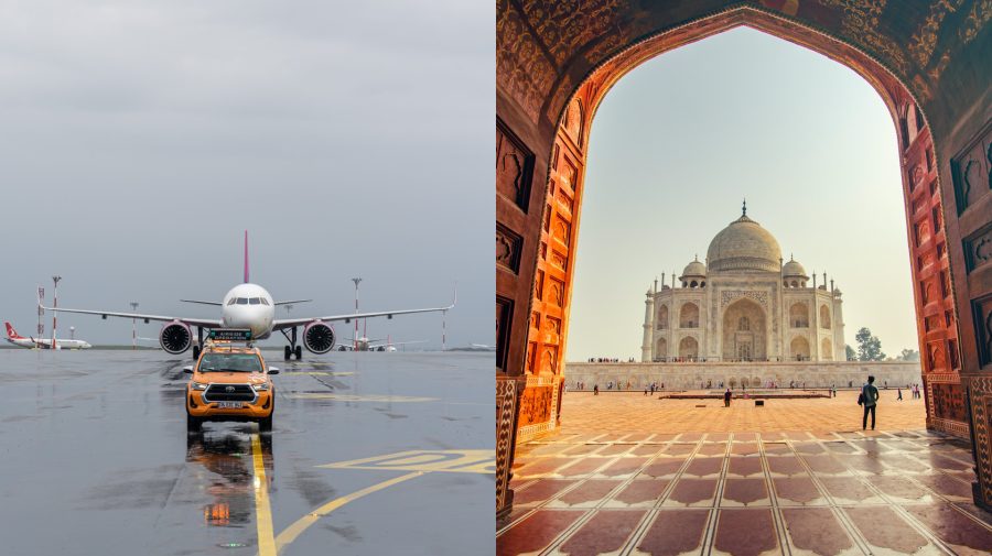 Lietadlo leteckej spoločnosti Wizz Air a Taj Mahal, India