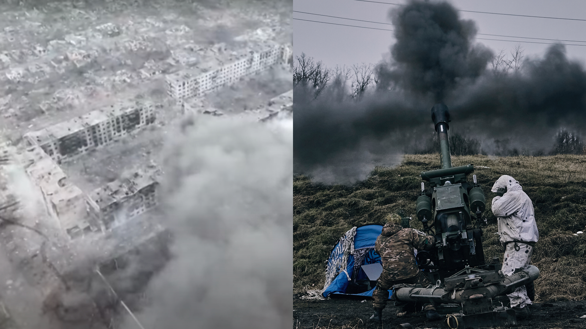 Ruiny Bachmutu, zničené budovy, katastrofa. Ukrajinskí vojaci pália z dela