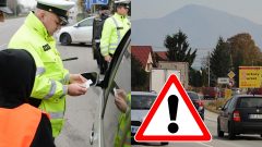 Na snímke sú policajti vykonávajúci cestnú kontrolu a autá v slovenskej obci.