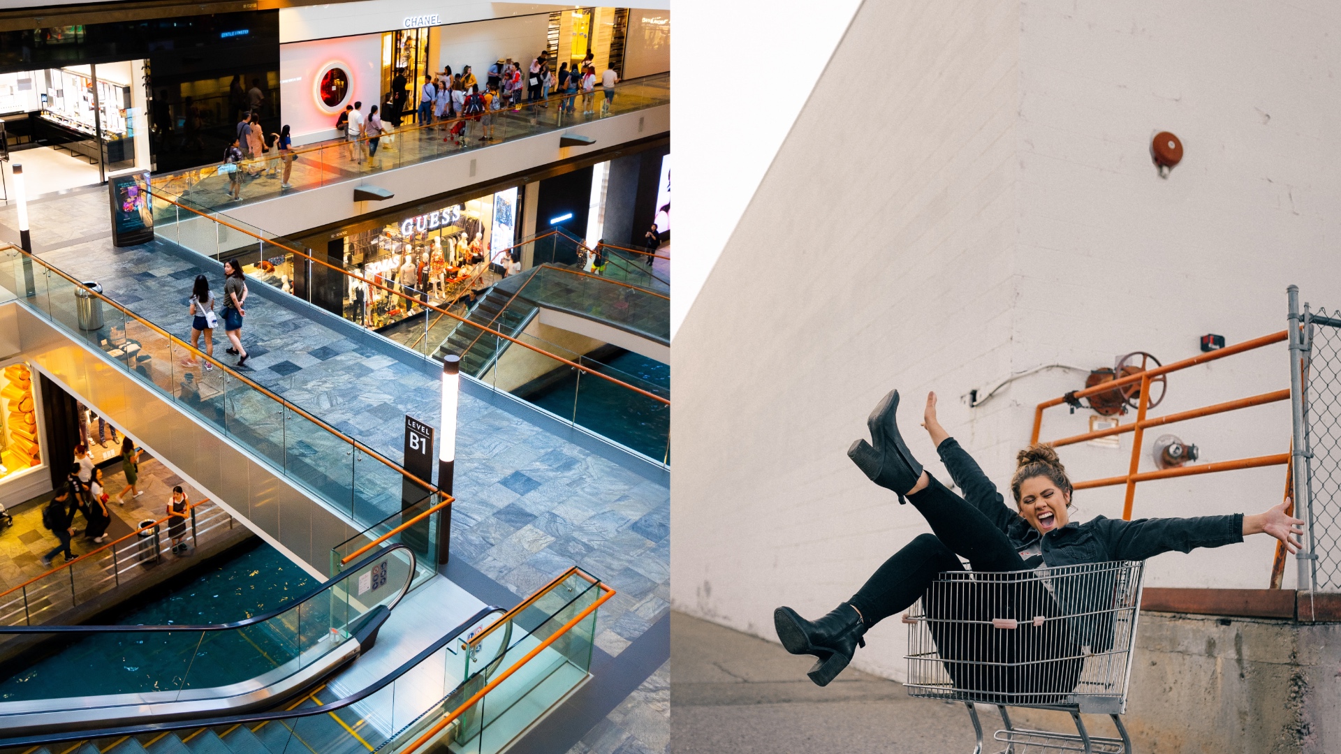 Na snímke žena v nákupnom voziíku a nákupné centrum.