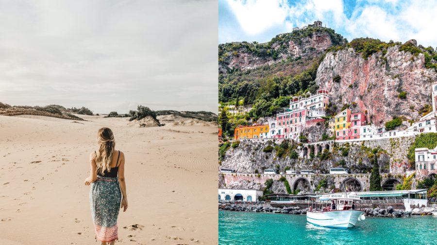 Na snímke je žena na pláži a talianske pobrežie Amalfi