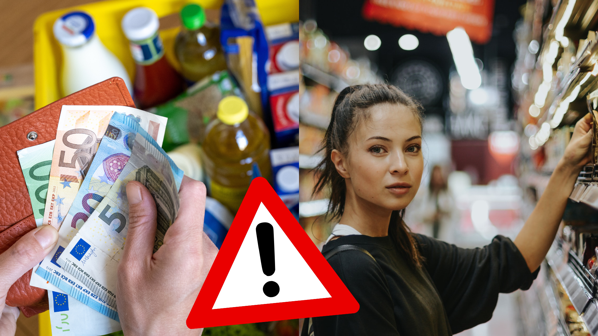 Peniaze v rukách a košík potravín a žena nakupujúca v potravinách